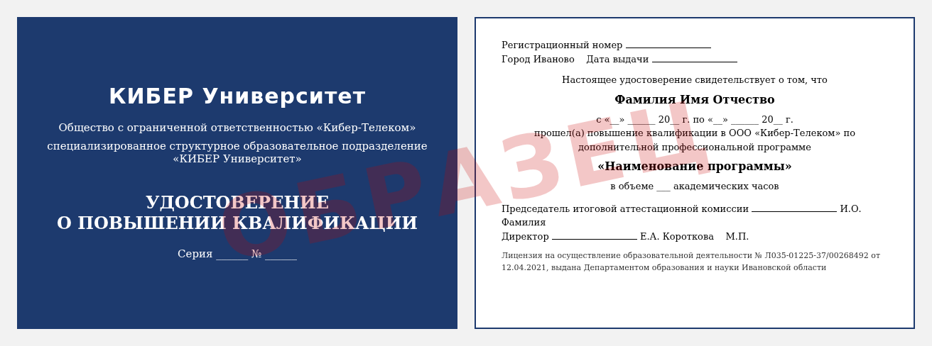 Образец удостоверения о повышении квалификации ООО «Кибер-Телеком» (КИБЕР Университет): обложка и разворот
